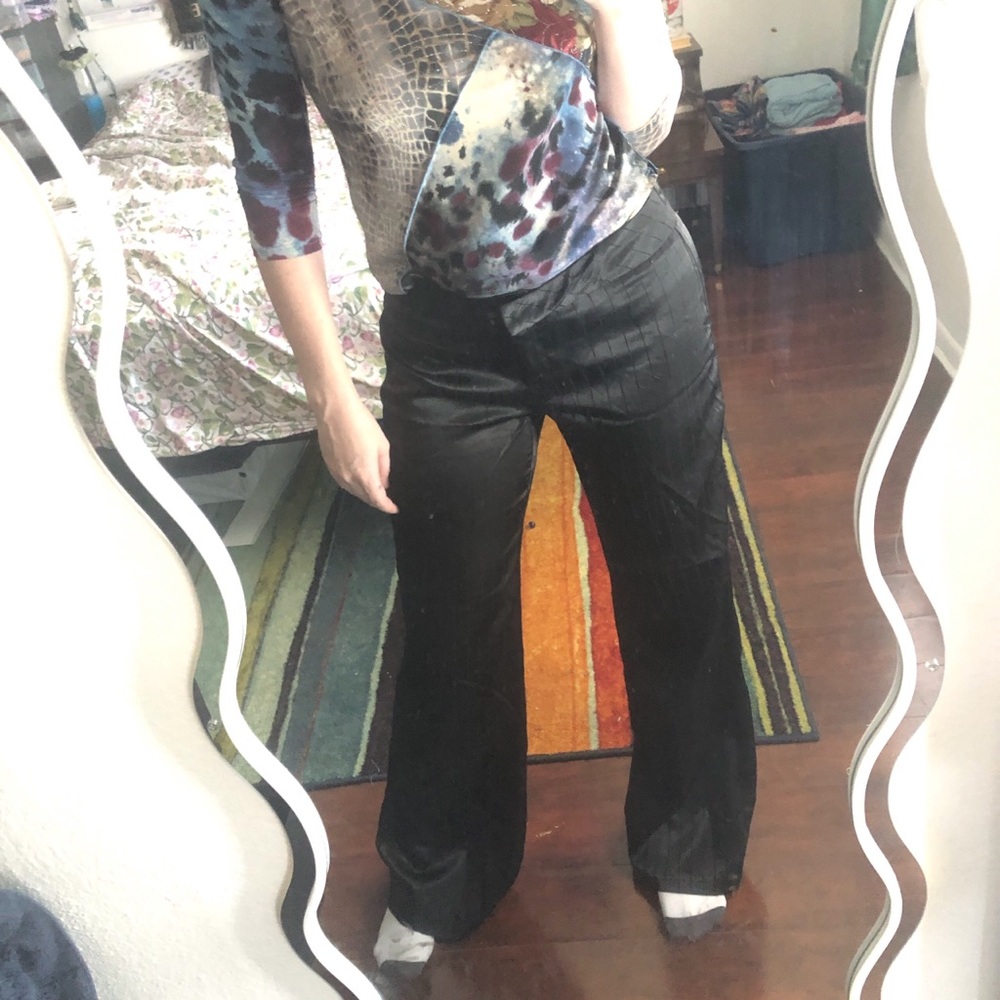 Vintage Black low waist flare pinstripe pleated trousers
